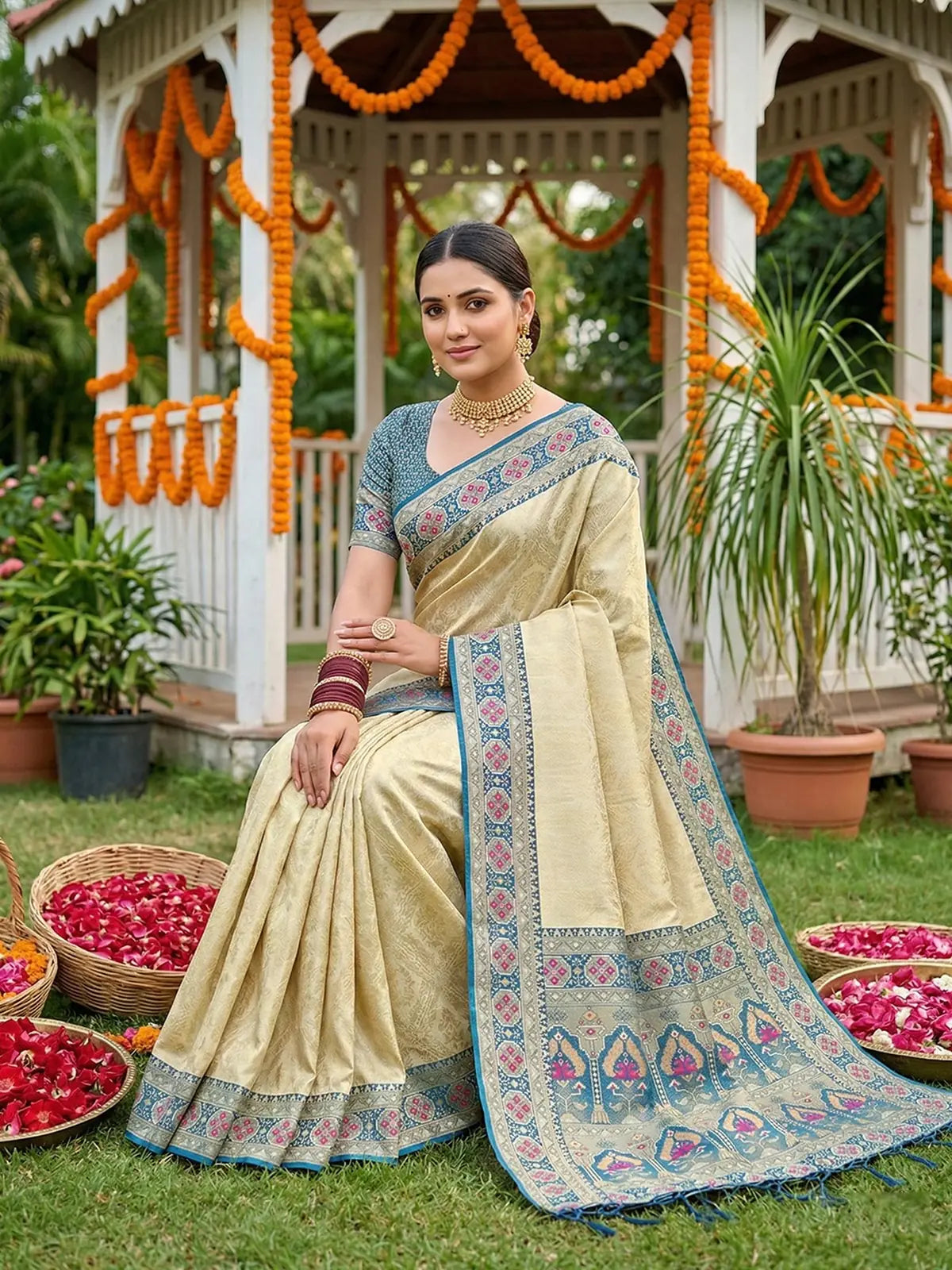 Tarani Piyusha blue premium soft silk saree front view with elegant woven pallu