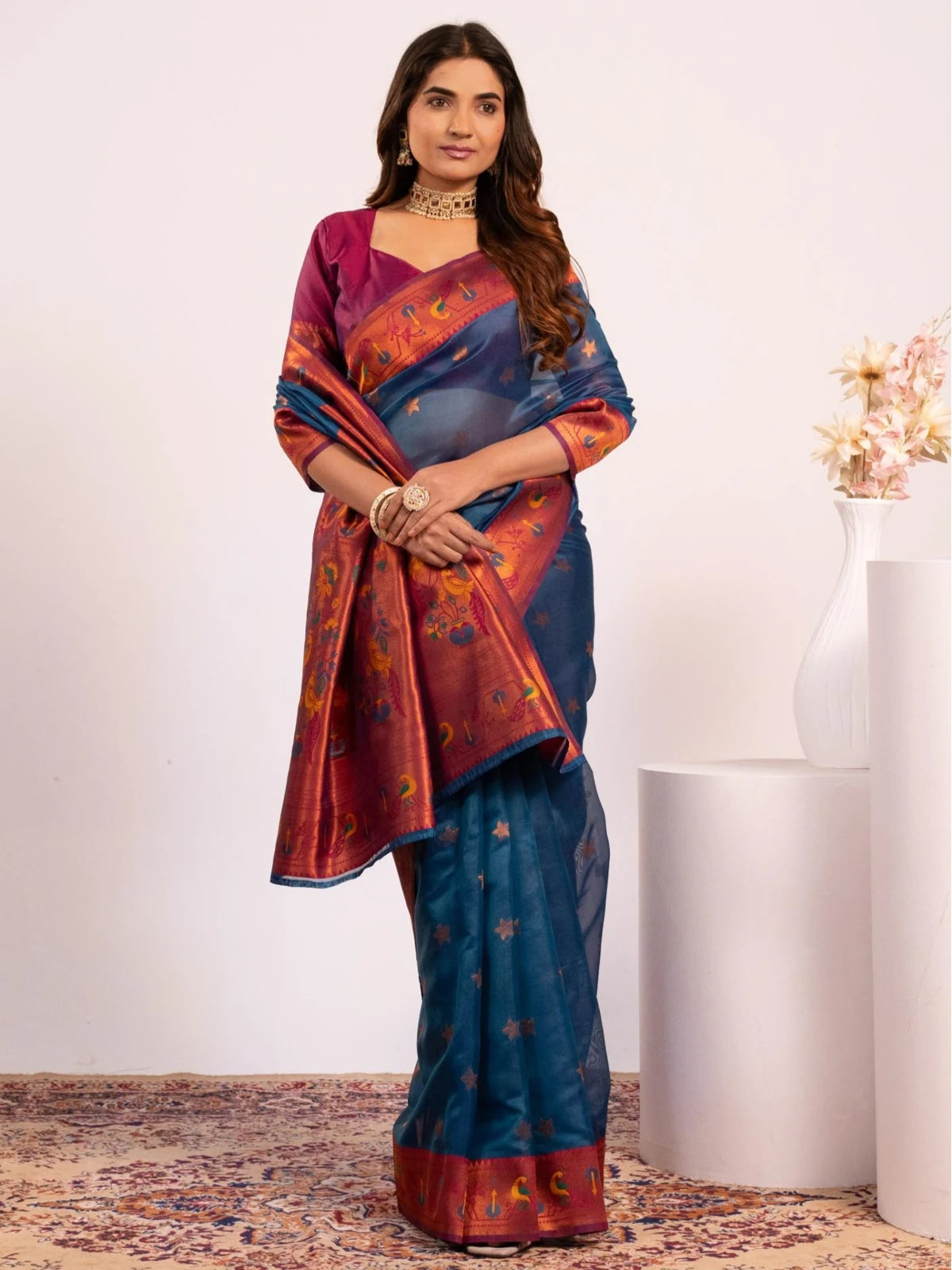Tarani premium blue Paithani soft tissue silk saree front-view with zari woven border