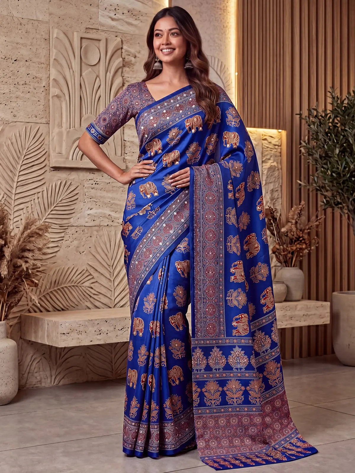 Tarani blue Crap Silk saree front-view with Digital Ajrakh Print