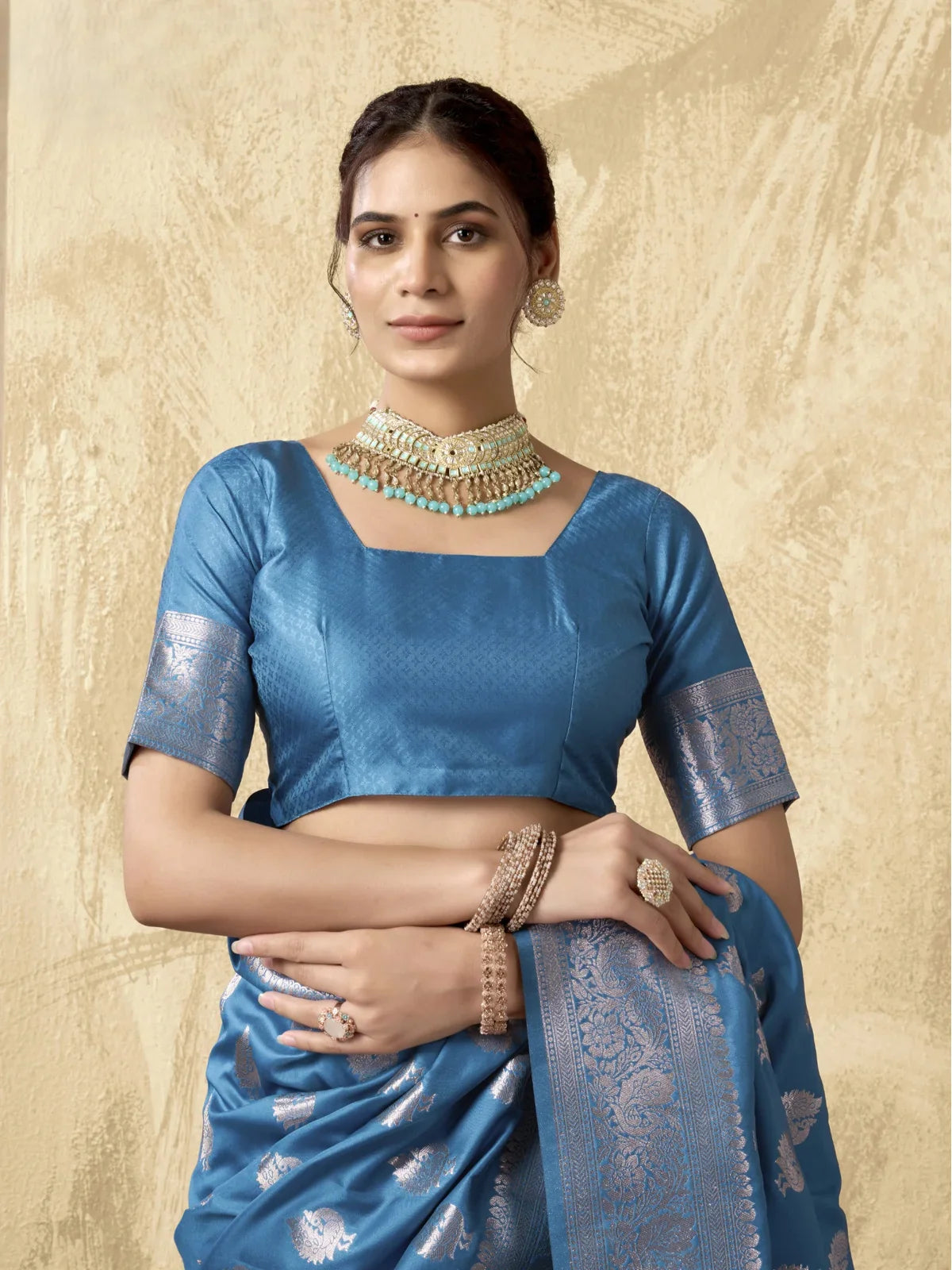 Tarani blue silk saree front view with zari border