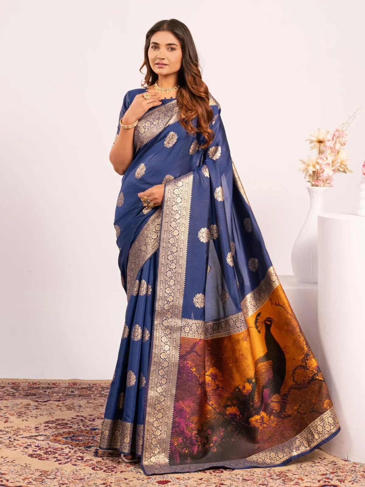 Tarani premium soft banarasi silk blue saree with rich zari weave and peacock pallu front view