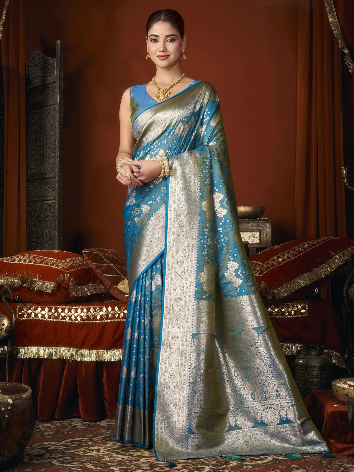 Tarani blue Premium Self Jacquard Soft Silk saree full front view with rich silver zari weaving and tassels