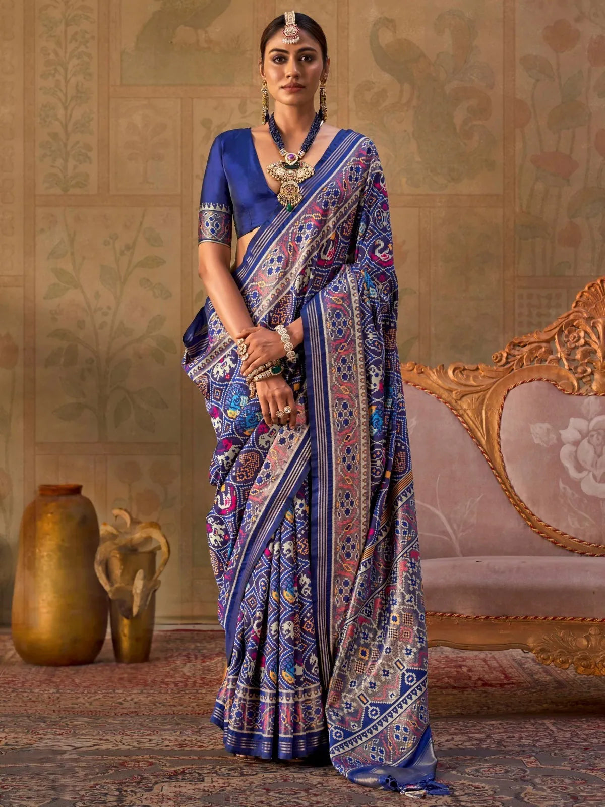 Tarani royal blue Patola style silk saree full view with Jari work and blouse