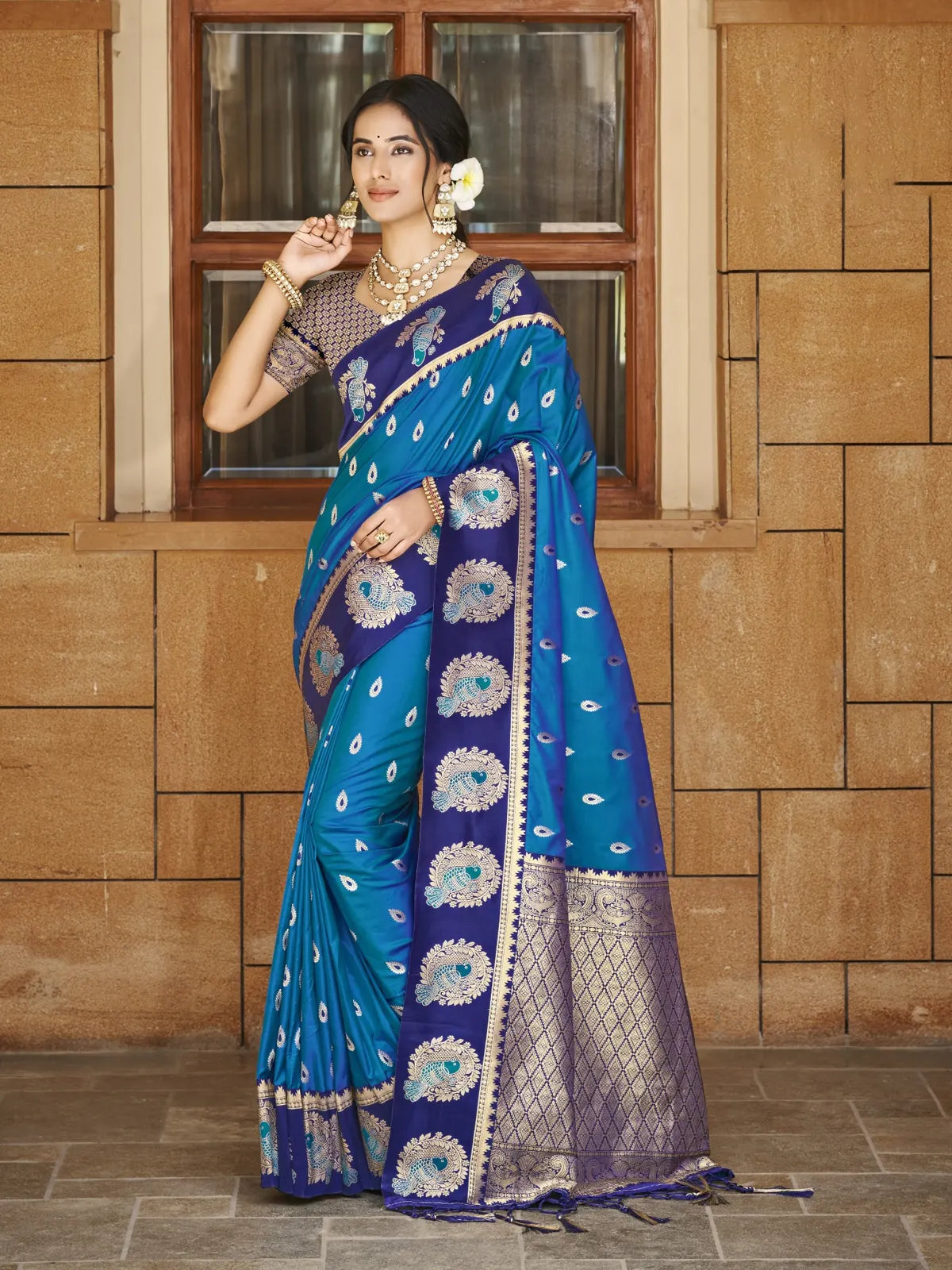 Tarani blue silk saree with zari weaving and contrast border full view for wedding and festive wear