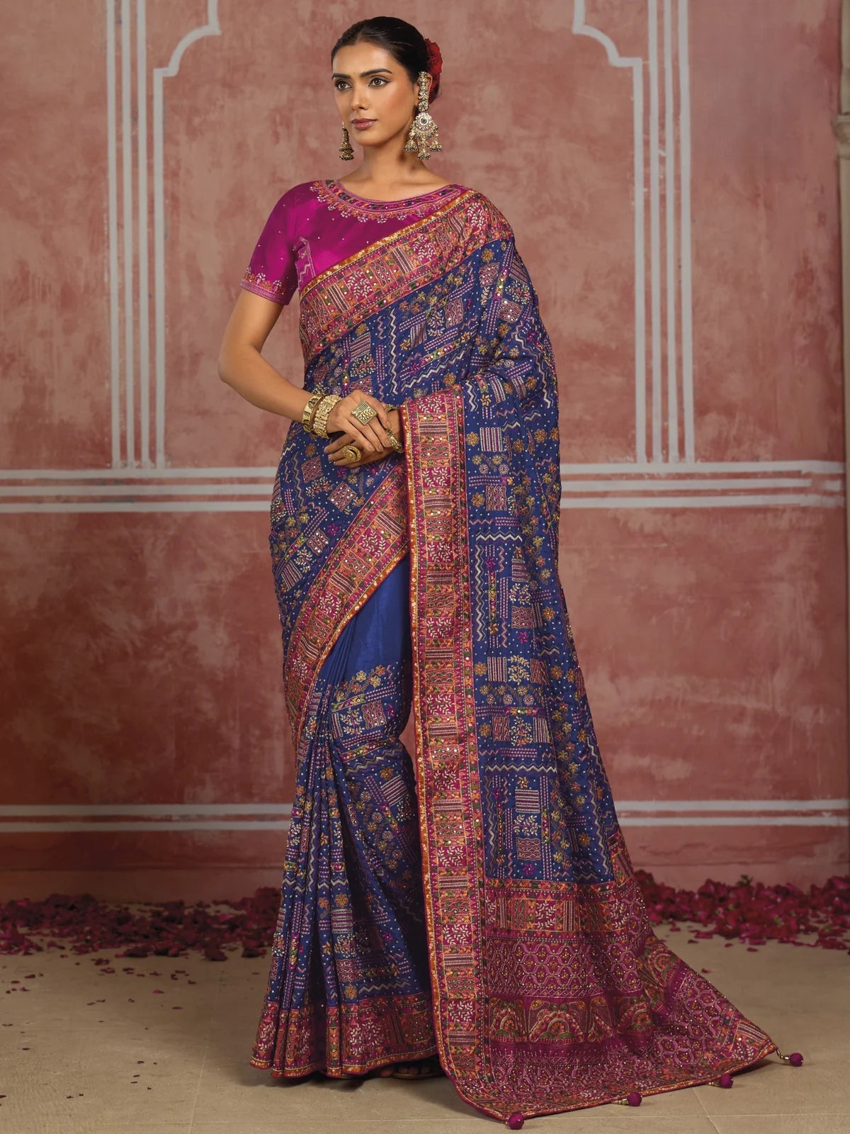 Tarani royal blue SHANA silk saree with Pure Kachhi diamond mirror work full view