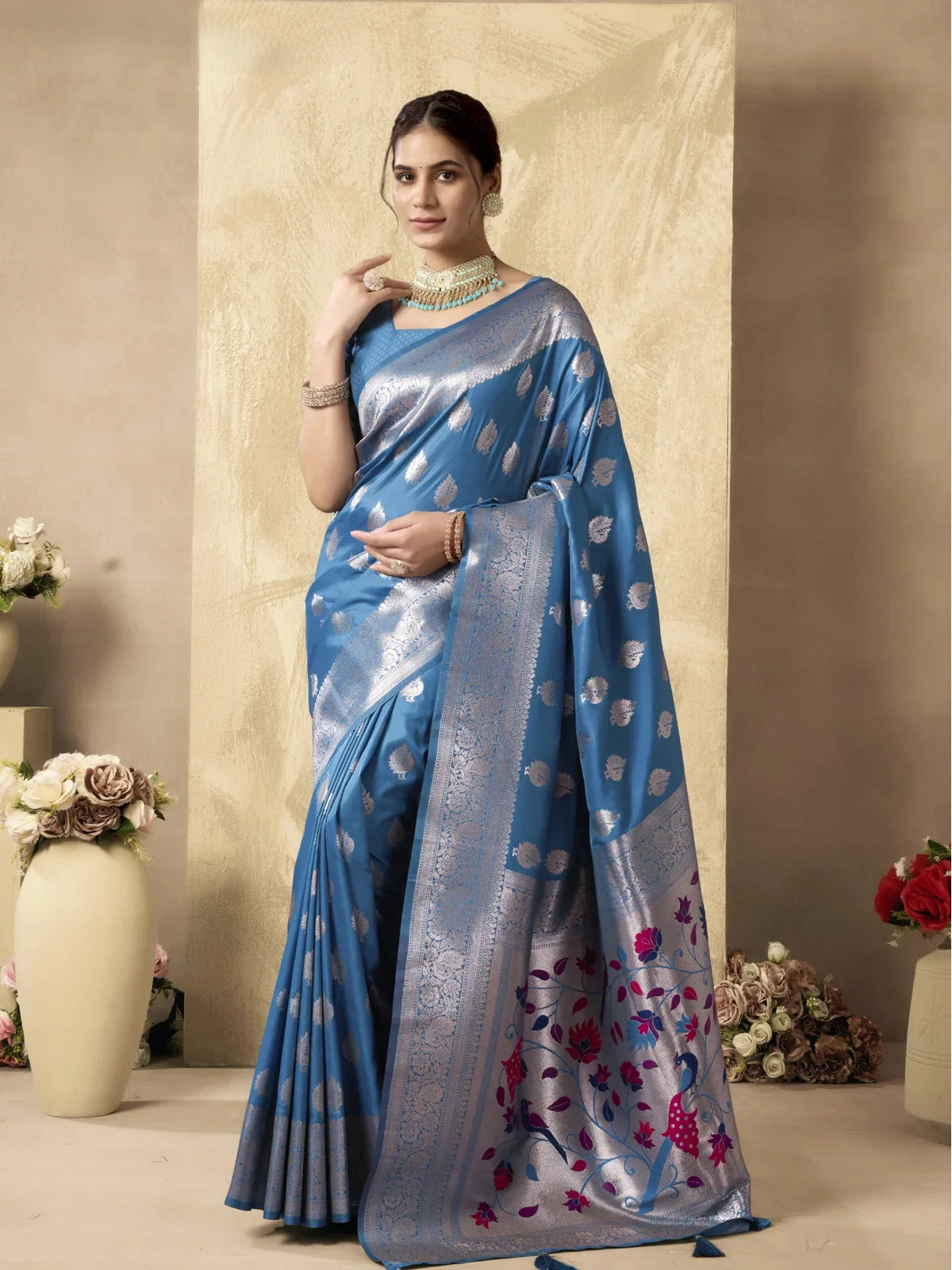 Tarani blue silk saree with rich zari work and peacock pallu full view