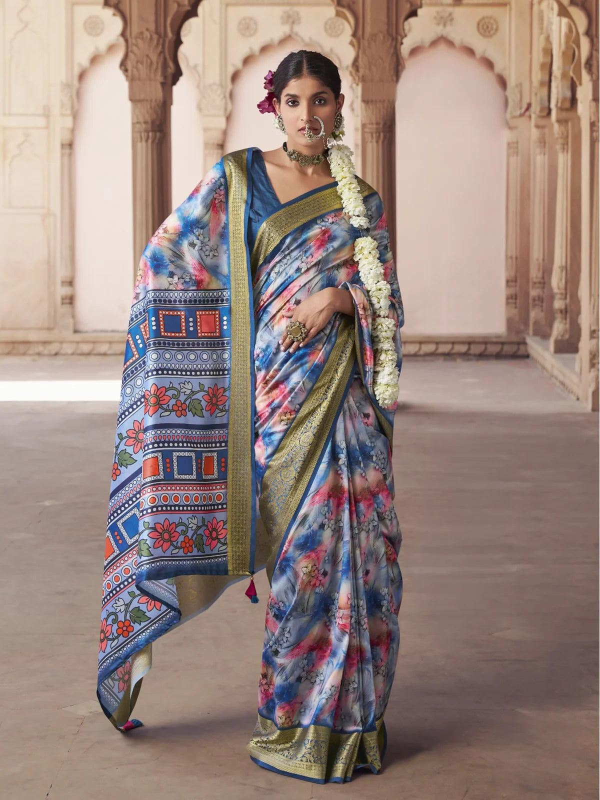 Tarani premium blue silk saree full view with floral digital print and golden border