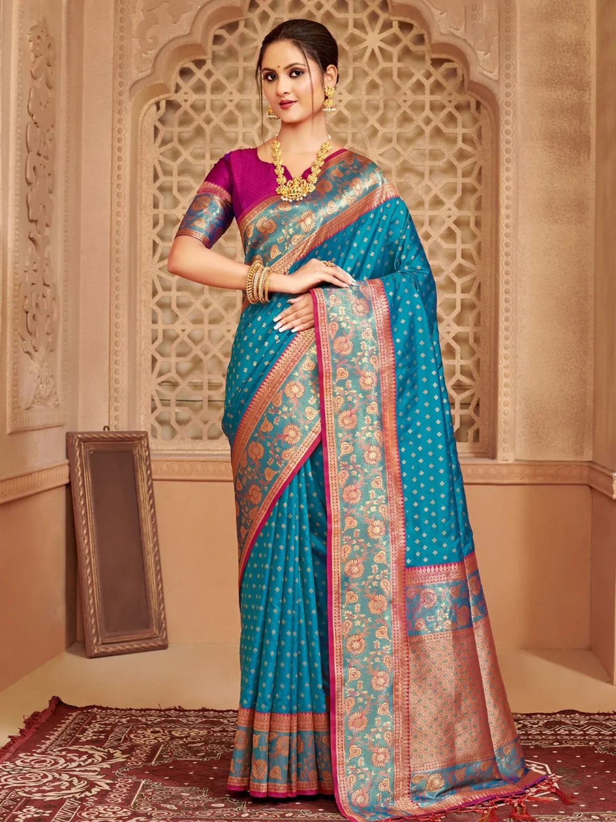 Tarani premium blue silk saree with woven motifs and contrast blouse full view