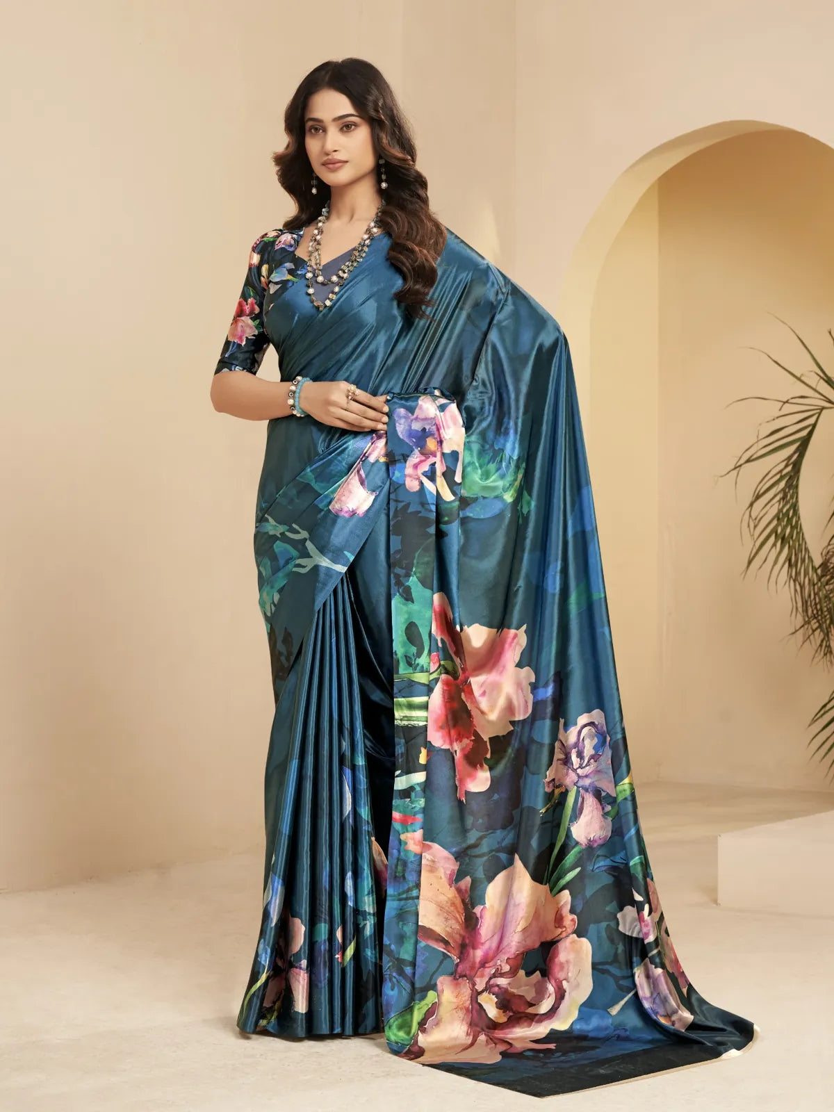 Tarani premium blue floral malai crape silk saree with elegant pallu and soft texture