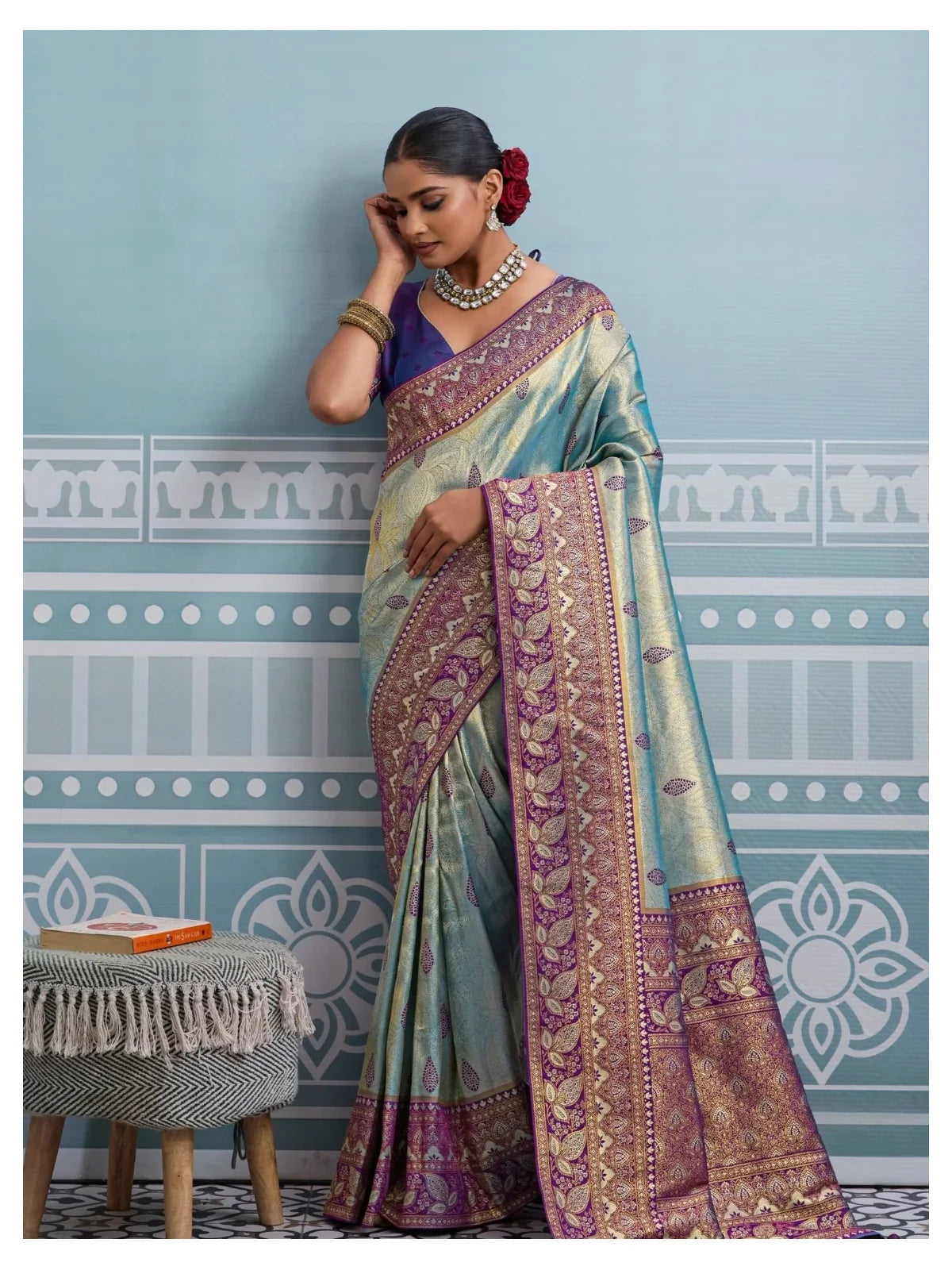 Tarani premium blue silk saree full view with zari and meenakari work for weddings