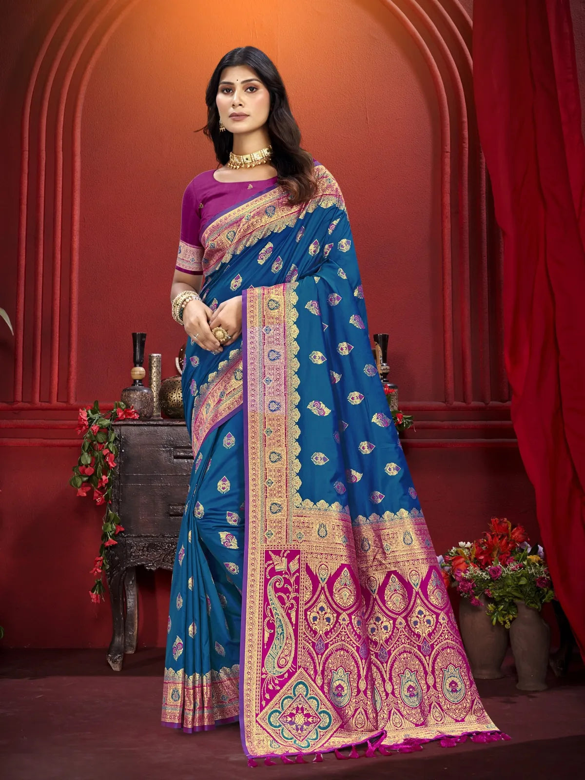 Tarani blue silk festive saree full view with zari border and matching blouse