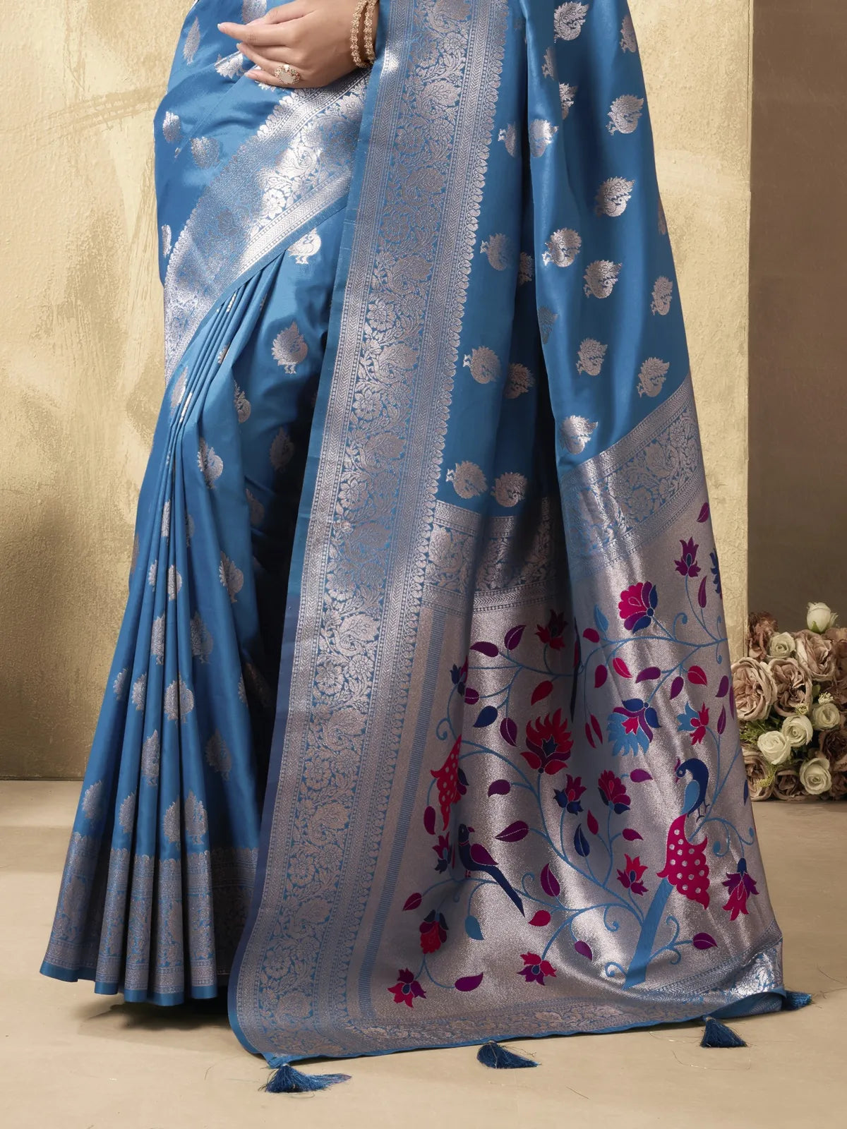 Tarani blue silk saree pallu view with peacock motif detailing
