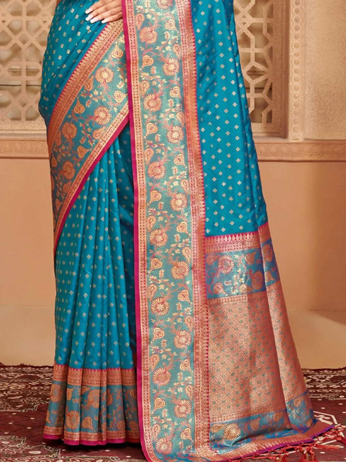 Tarani premium blue silk saree with zari work and floral woven pallu close view