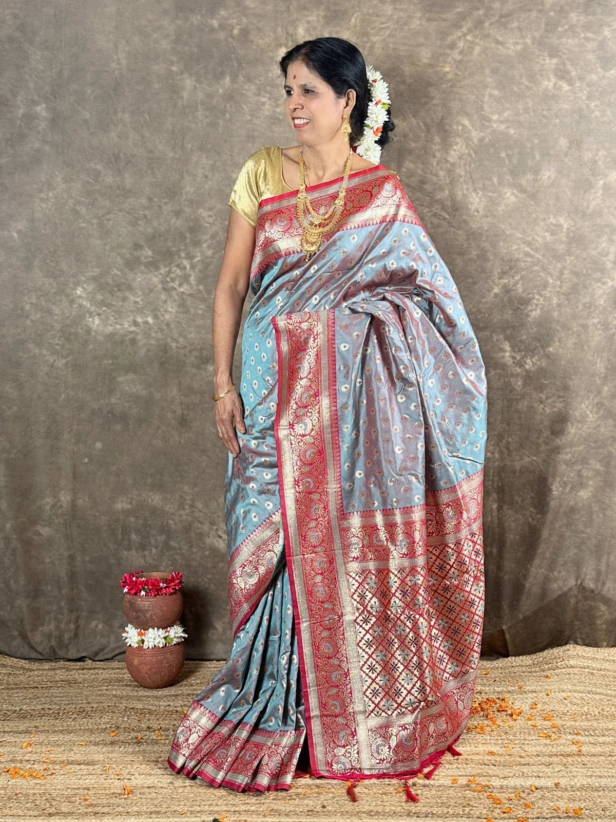 Tarani grey silk saree front view with zari border and blouse piece festive wear