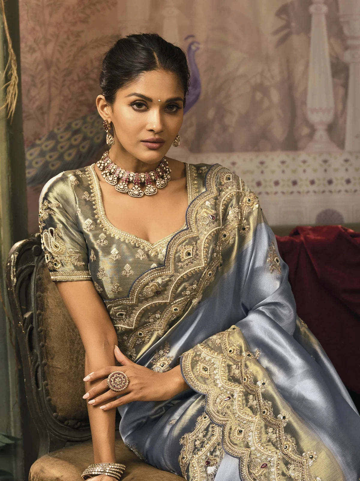 Tarani blue ziraf silk saree with embroidered blouse and statement jewellery – upper body closeup