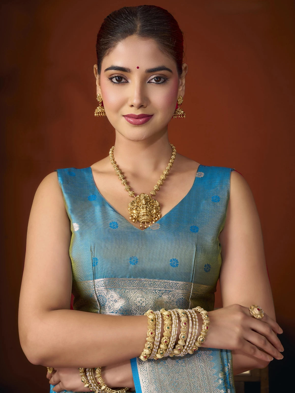 Tarani blue Premium Self Jacquard Soft Silk saree upper body view with jacquard blouse and zari border