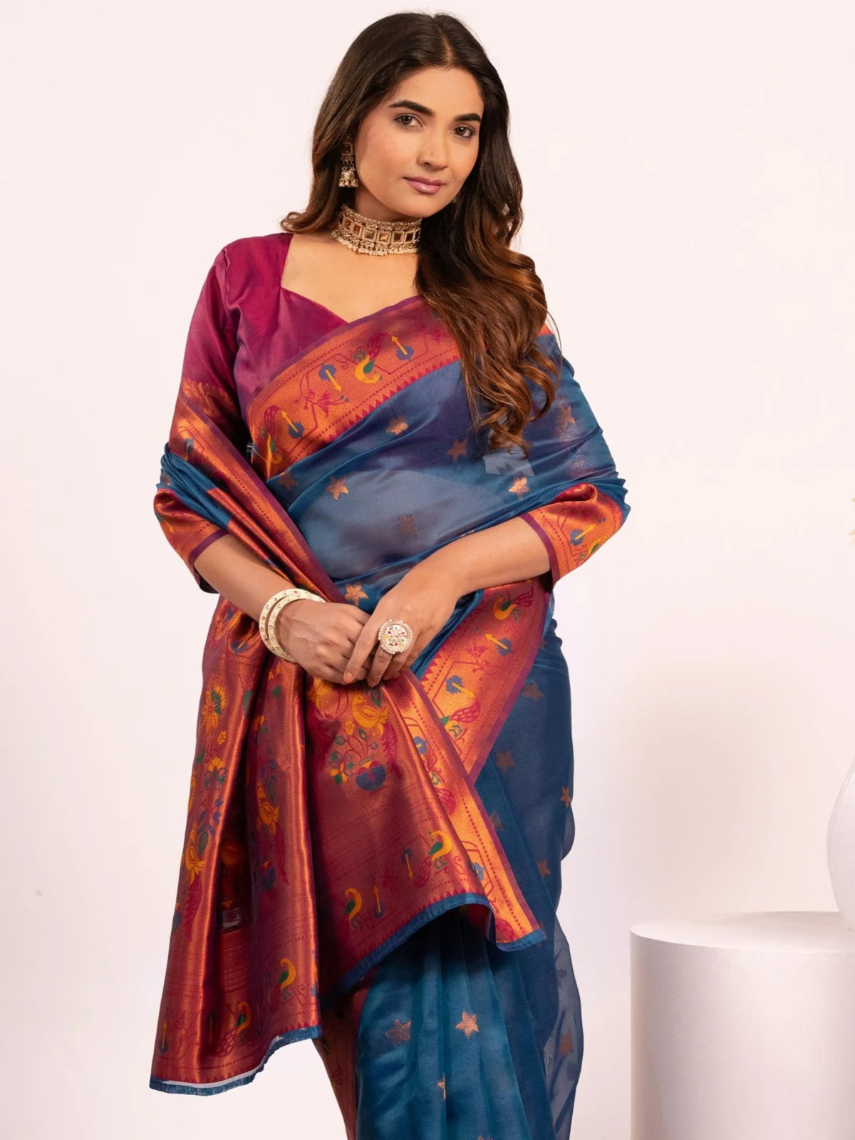 Tarani premium blue Paithani soft tissue silk saree upper-body-view with zari woven border