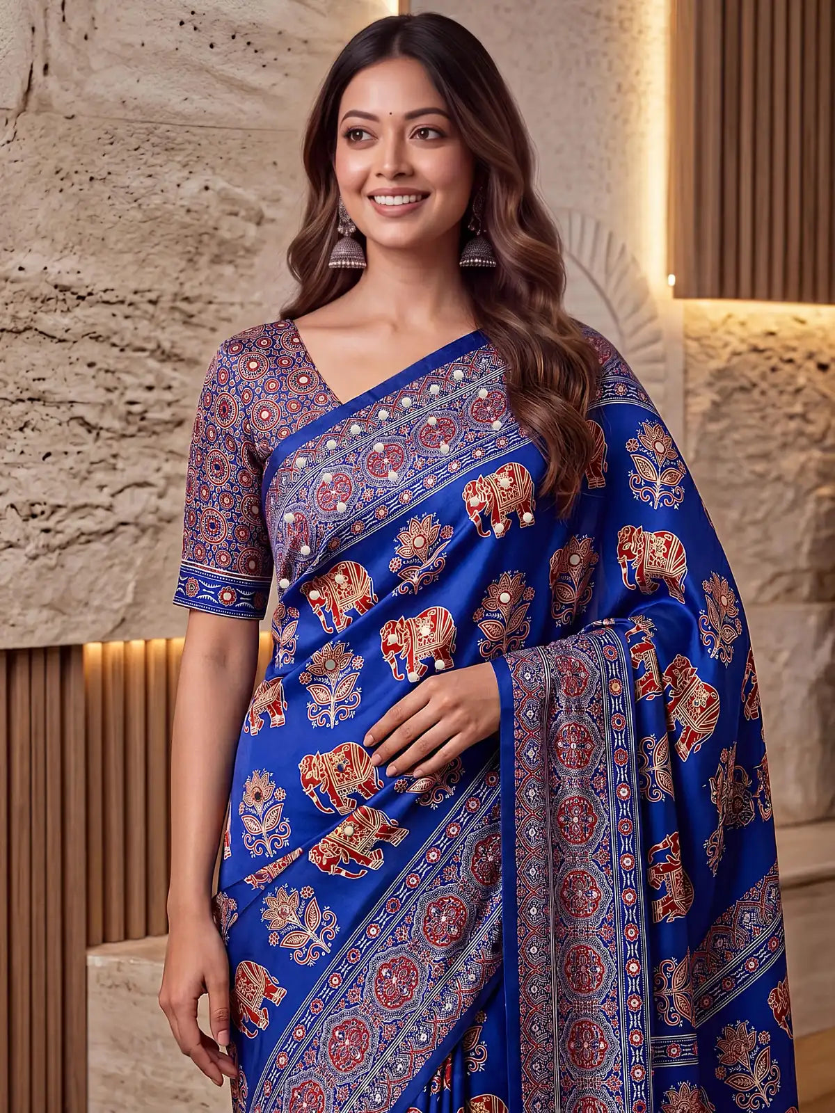 Tarani blue Crap Silk saree upper-body-view with Digital Ajrakh Print