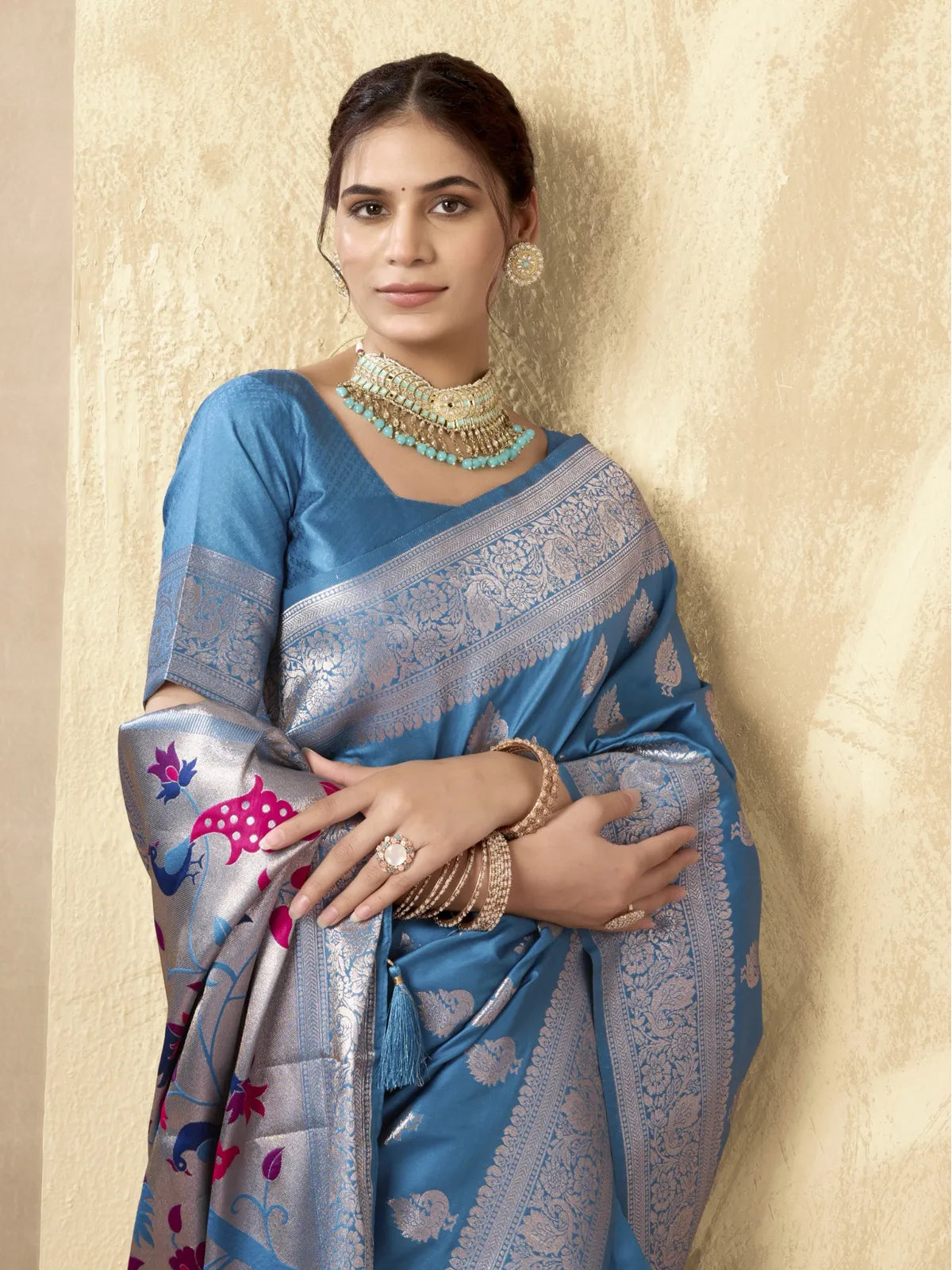 Tarani blue silk saree upper body view with matching blouse