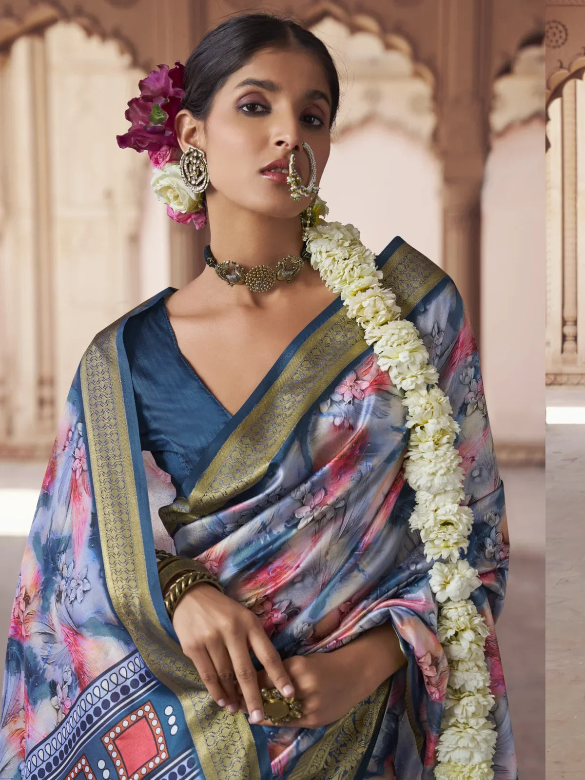 Tarani blue silk saree upper body view with blouse and floral digital motifs