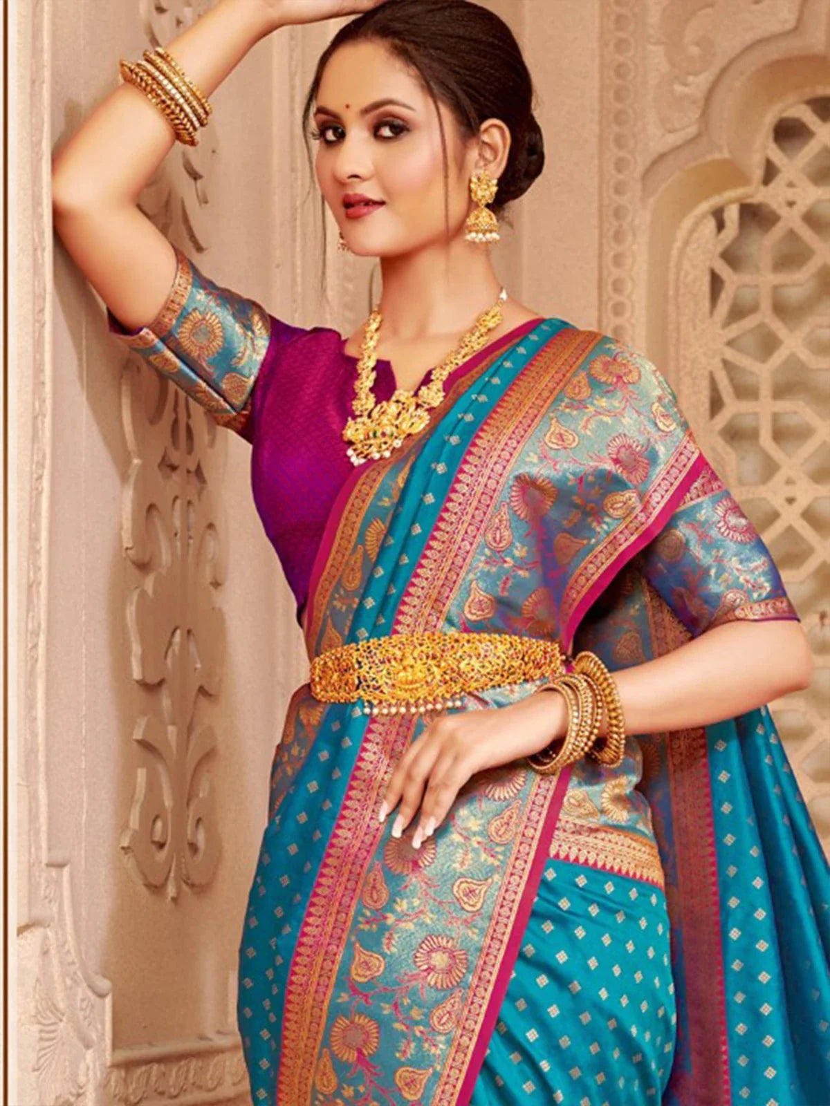 Tarani premium blue silk saree with zari border and woven blouse upper body view