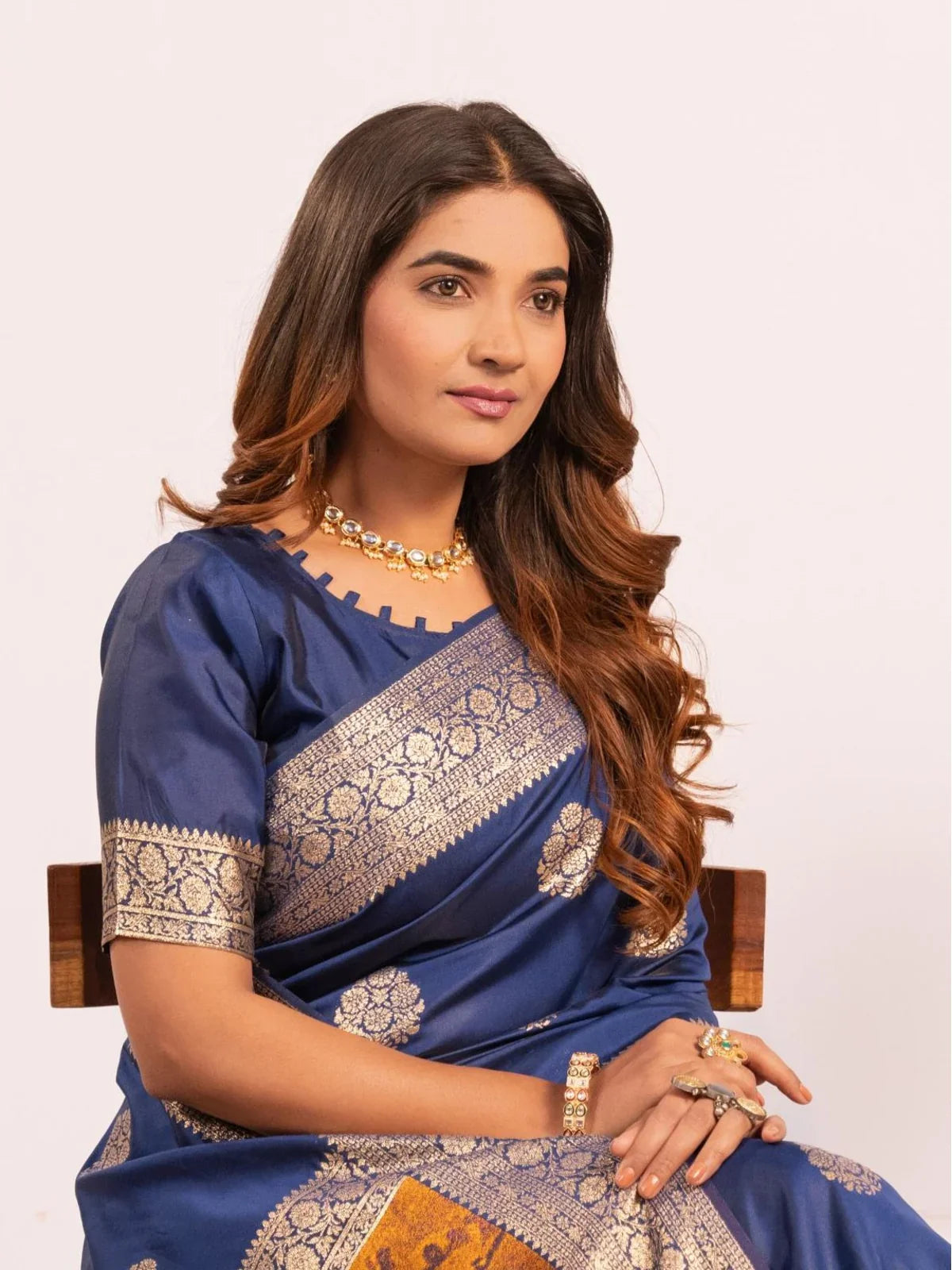Tarani blue banarasi silk saree close-up showing blouse and neckline embroidery