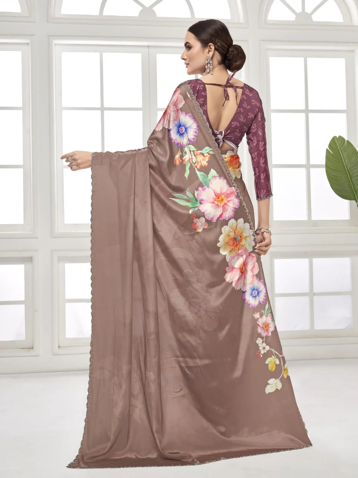 Tarani back view of brown digital silk saree with floral pallu and deep neck blouse