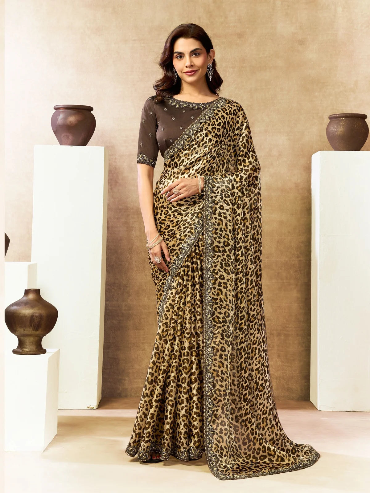 Tarani Indraya brown leopard print satin silk saree with sequins embroidery stone work full view
