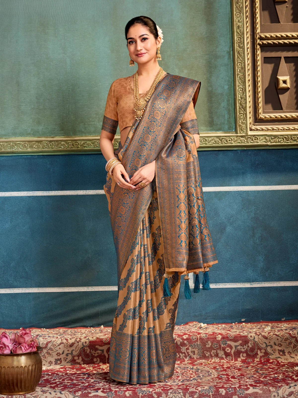 Tarani traditional brown silk saree with blue weaving and contrast pallu in full view