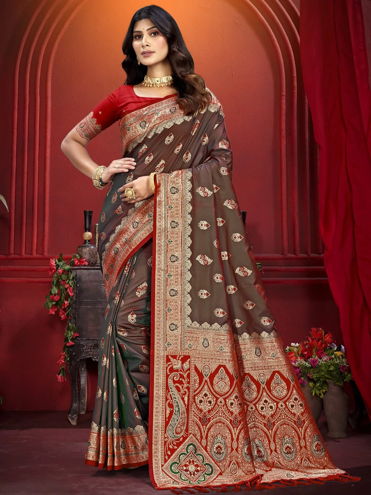 Tarani premium brown silk saree with red and gold zari work festive wear for women