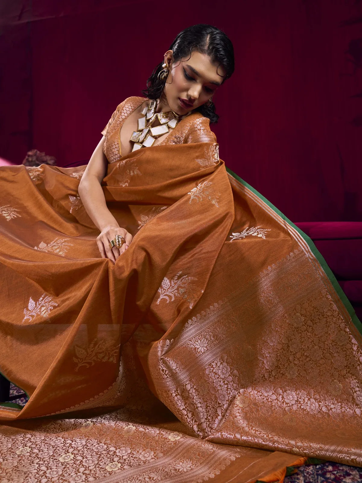Tarani brown satin linen silk saree pallu and weaving work closeup