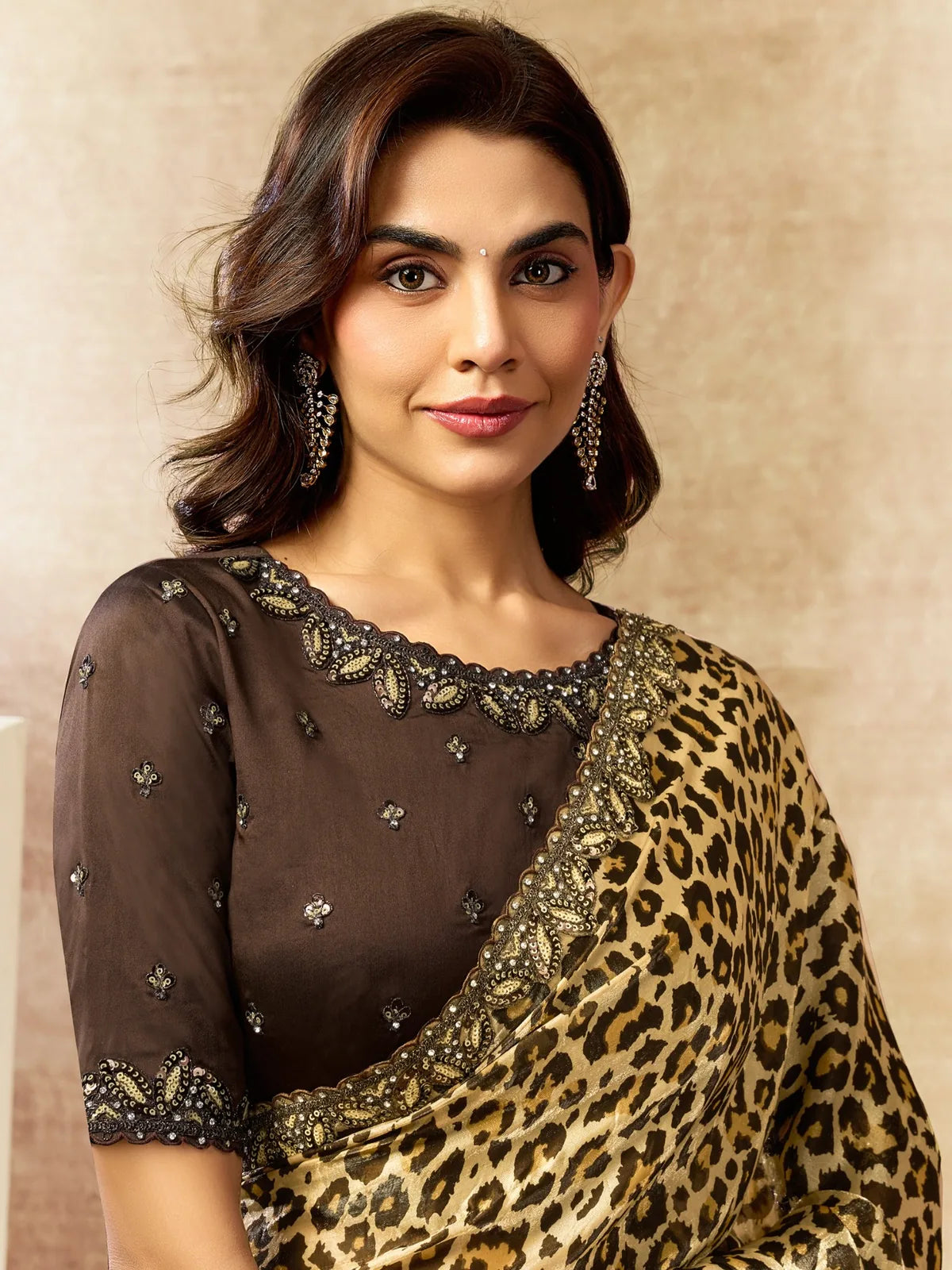 Tarani Indraya brown leopard print satin silk saree with sequins embroidery stone work upper body view