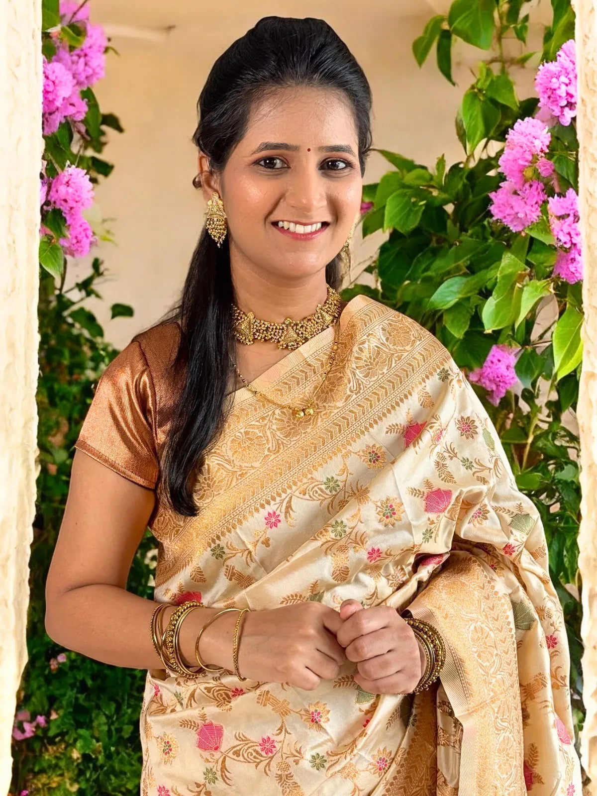 Tarani golden silk saree with zari border front view