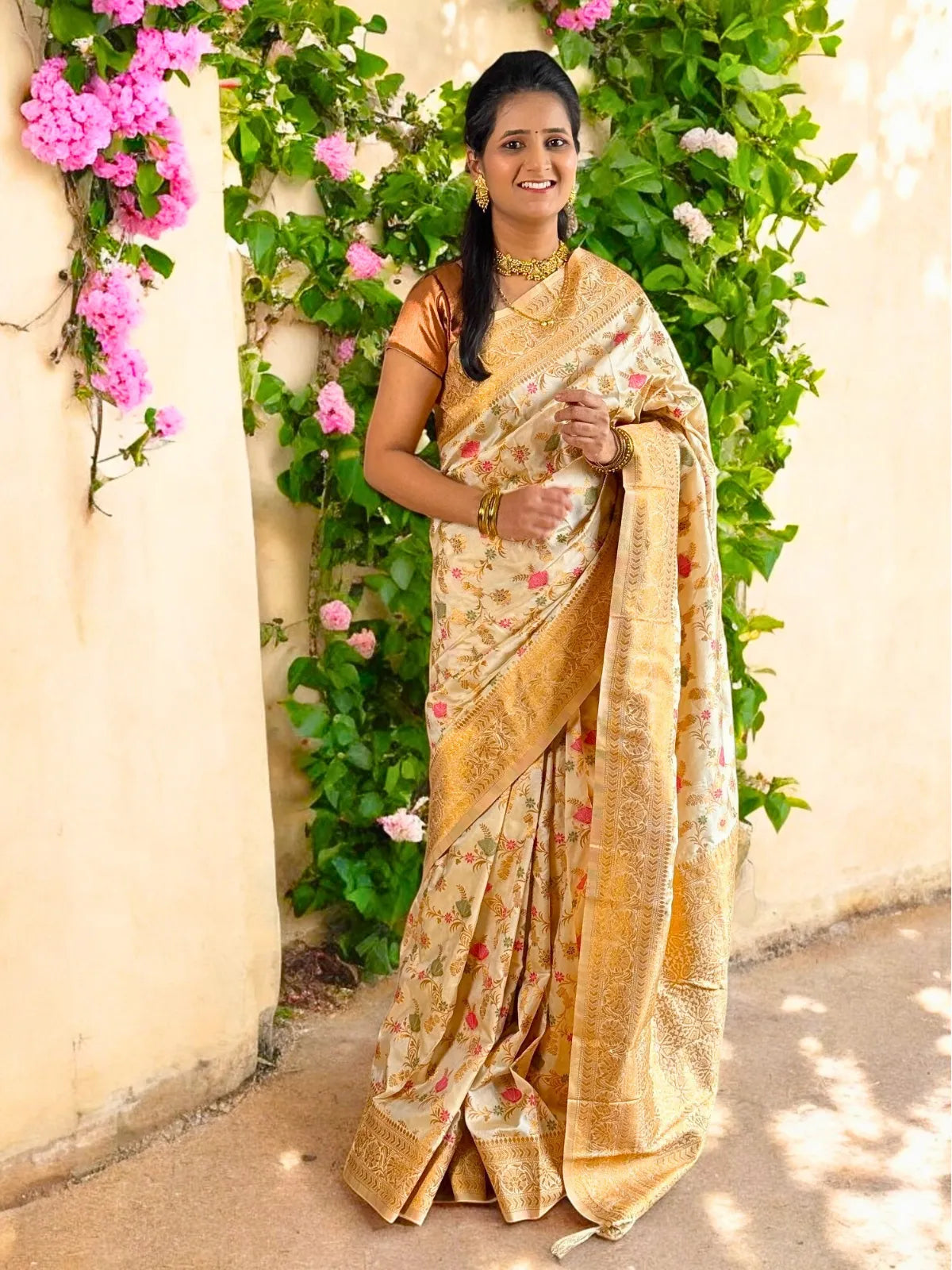 Tarani golden woven silk saree with zari border full view festive wear