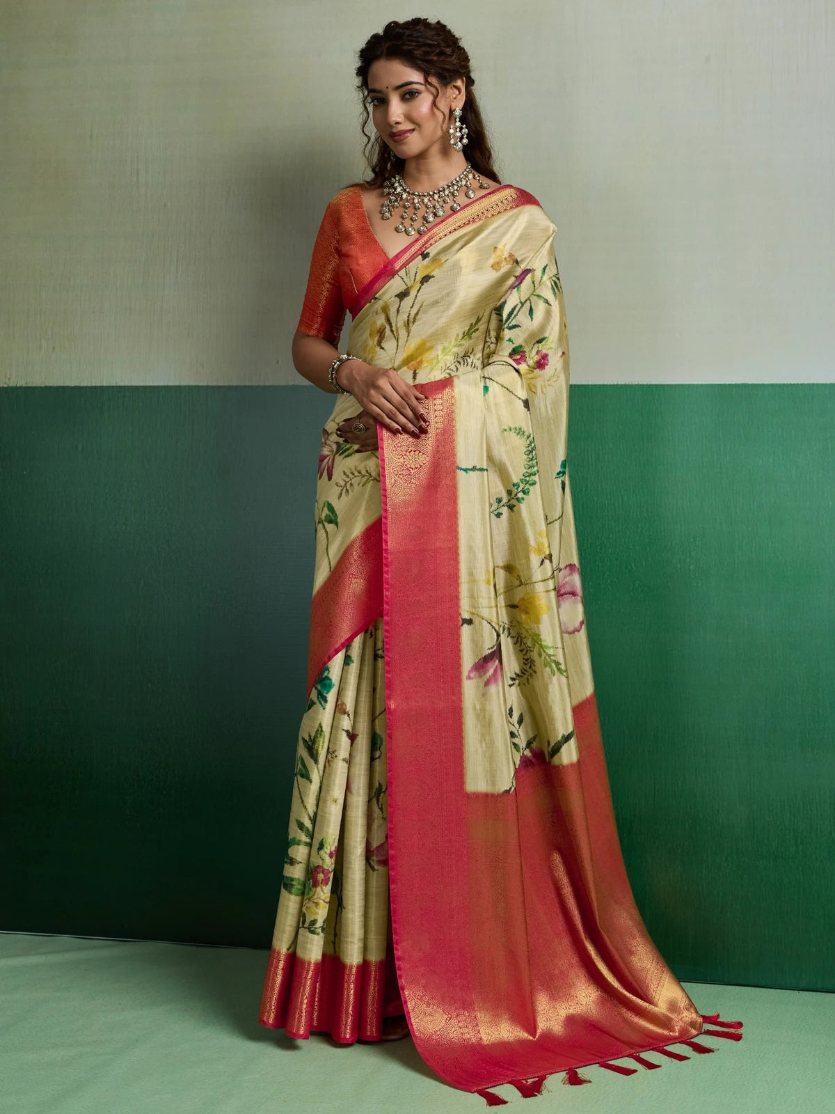 Tarani cream Pure Kanjivaram Tissue Silk saree full view with floral digital print and rich woven border
