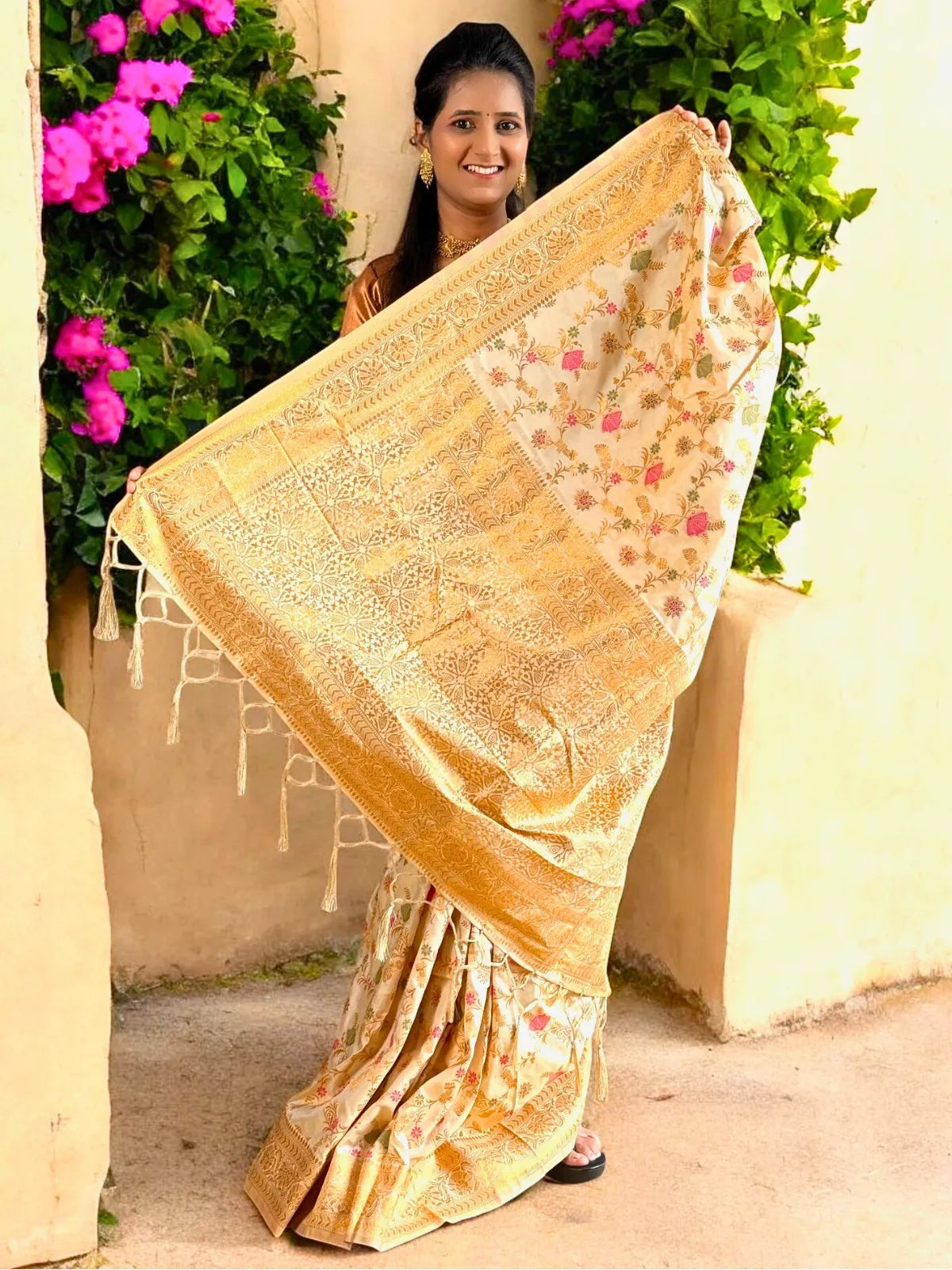 Tarani golden silk saree rich zari pallu view festive wear