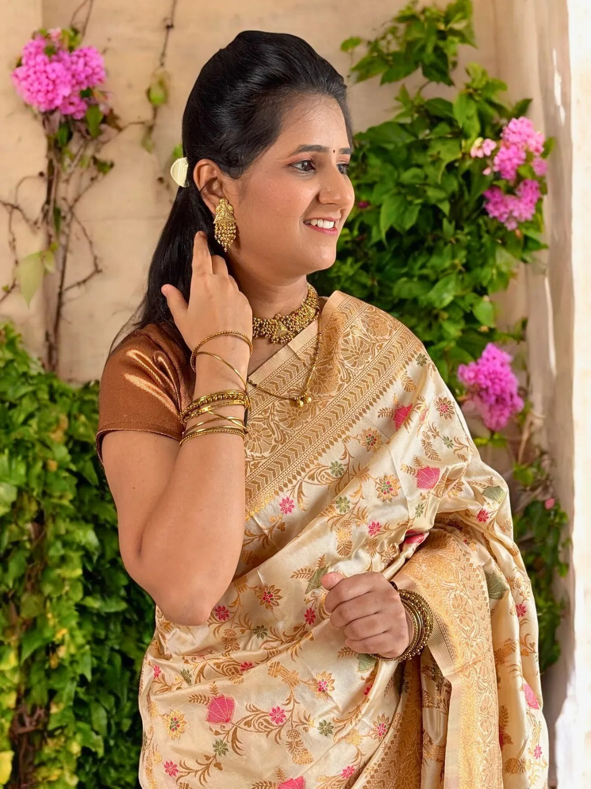 Tarani golden silk saree with zari border upper body festive look