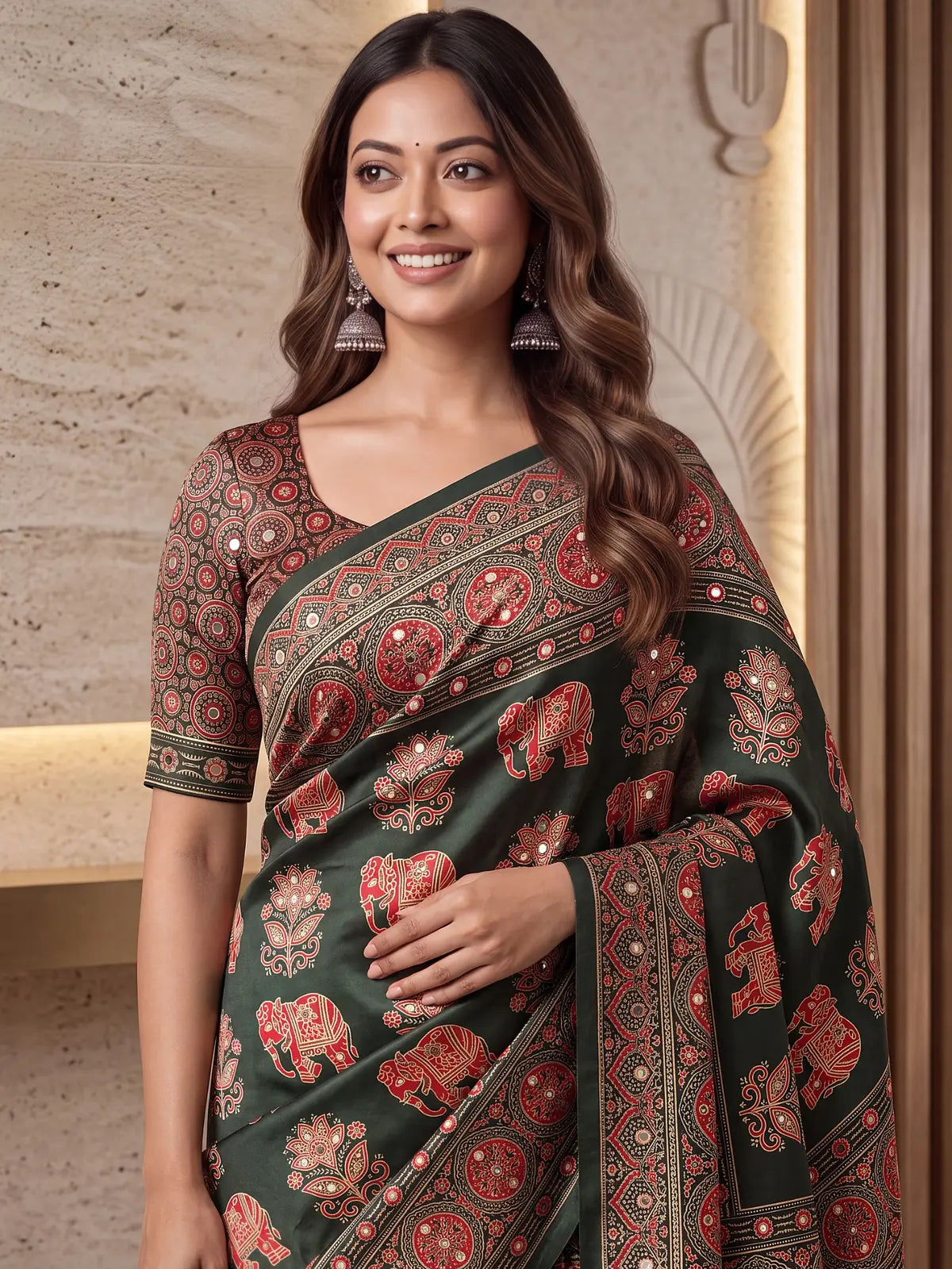 Tarani dark green Crap Silk saree with Digital Ajrakh Print and real mirror upper-body-view
