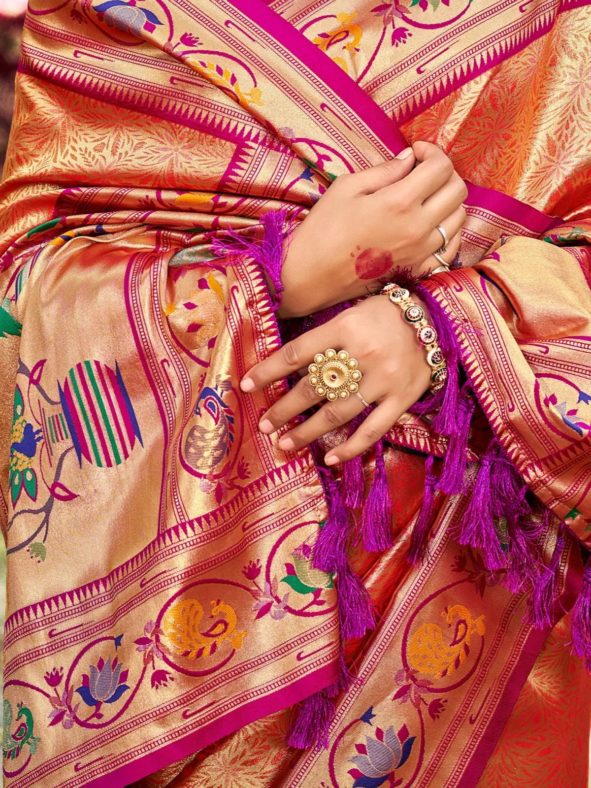 Tarani golden Kanjivaram silk Paithani border saree closeup-view for wedding wear