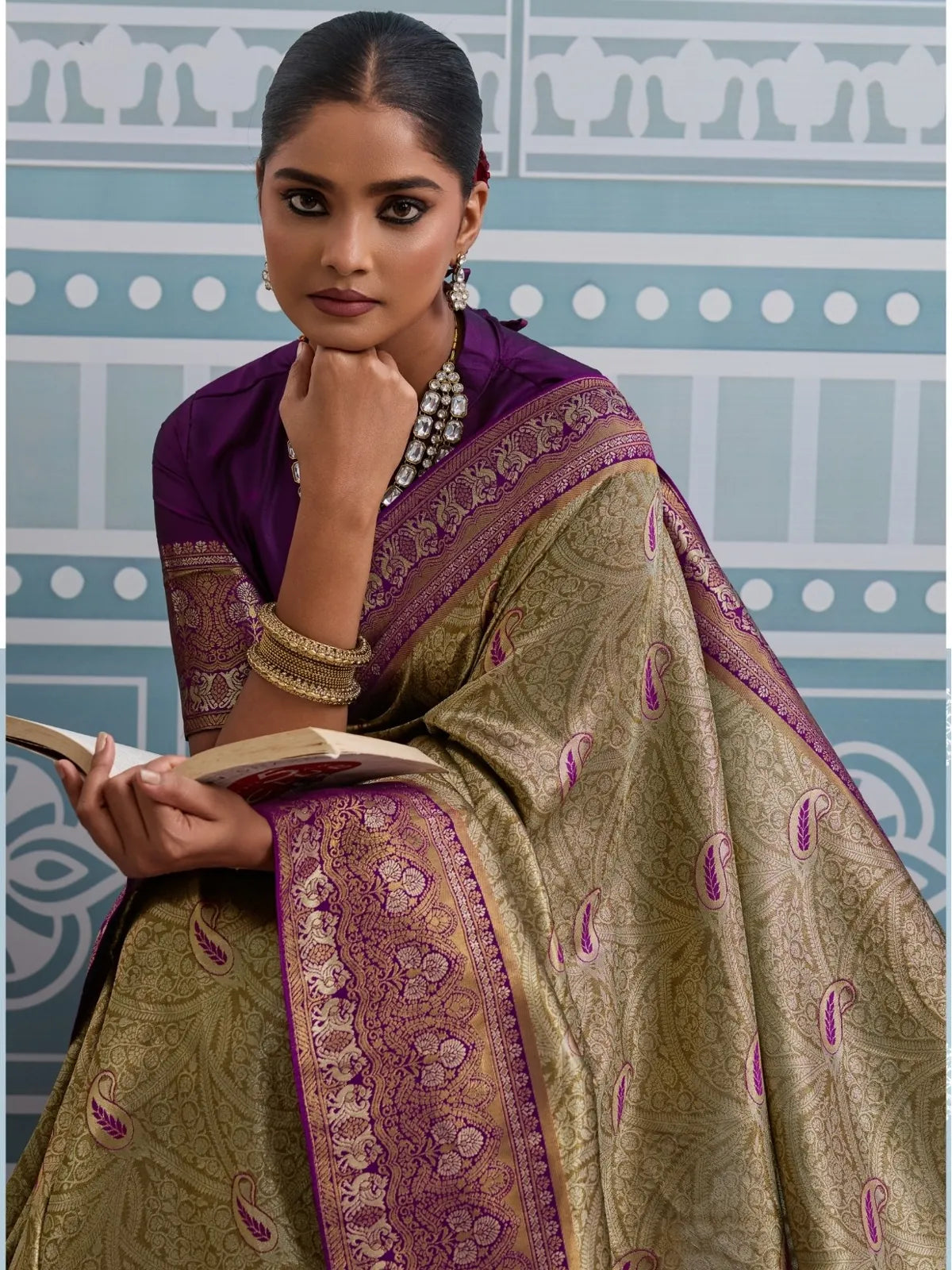 Tarani golden silk saree front view with zari thread work and festive appeal