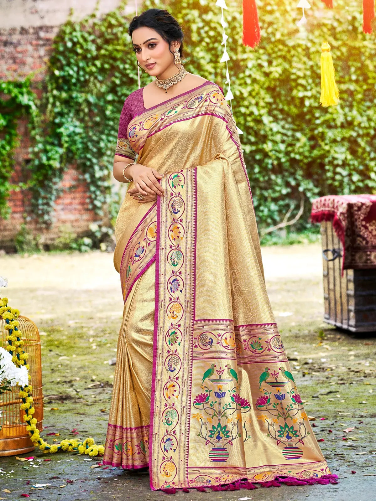 Tarani golden Kanjivaram silk saree full view with Paithani woven pallu and blouse piece