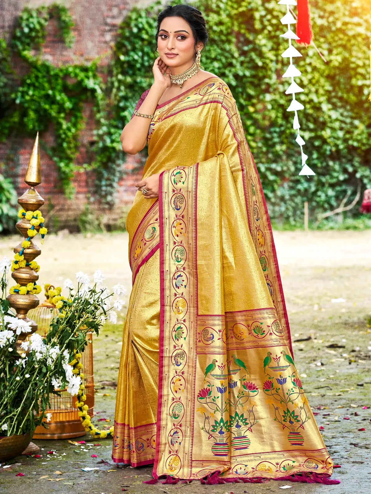 Tarani golden Kanjivaram silk saree with Paithani pallu border full view for wedding wear