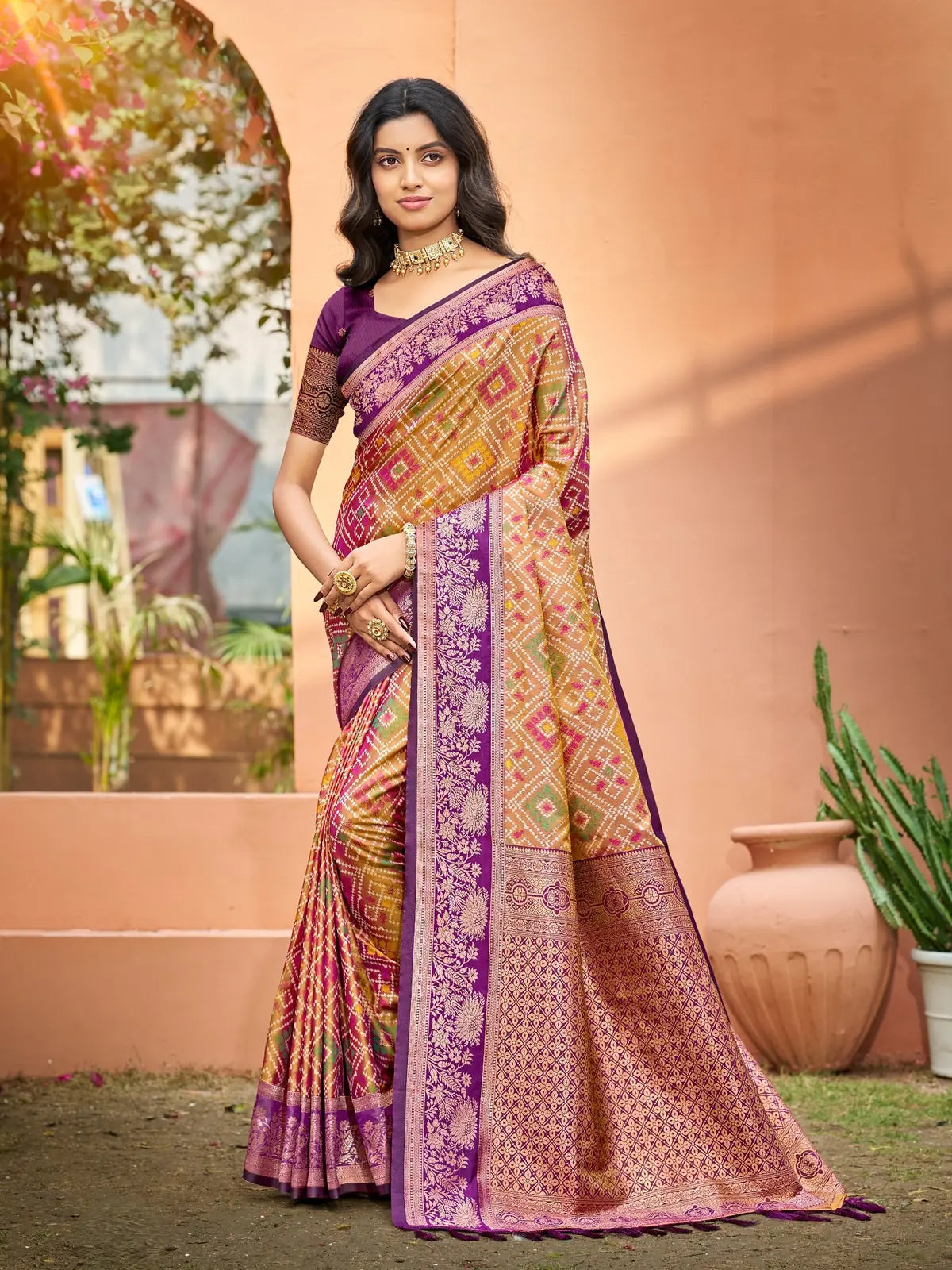 Tarani golden soft silk saree with purple woven border full view for wedding and festive wear