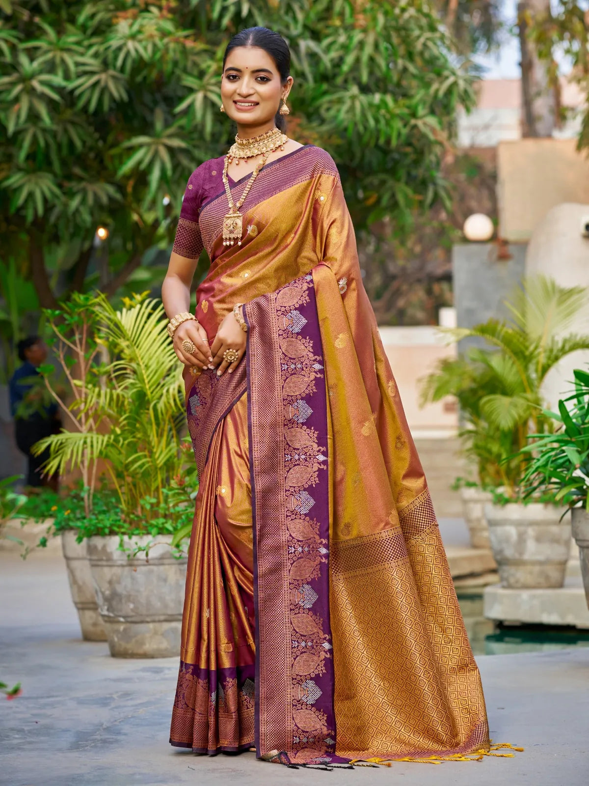 Tarani golden soft silk saree with purple woven border full view for festive and wedding wear