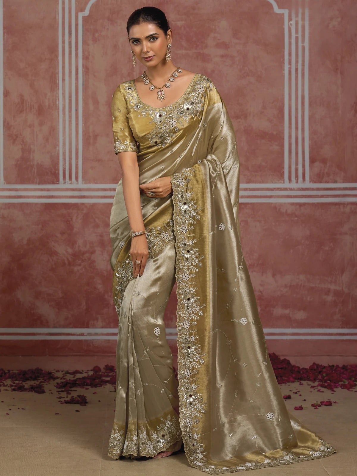 Tarani Pure Ziraf Silk golden saree full view with zari cutdana moti and stone work for wedding