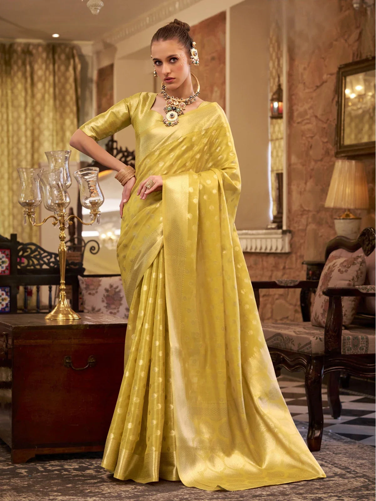 Tarani golden zari tissue silk saree full view with matching blouse for festive party wear