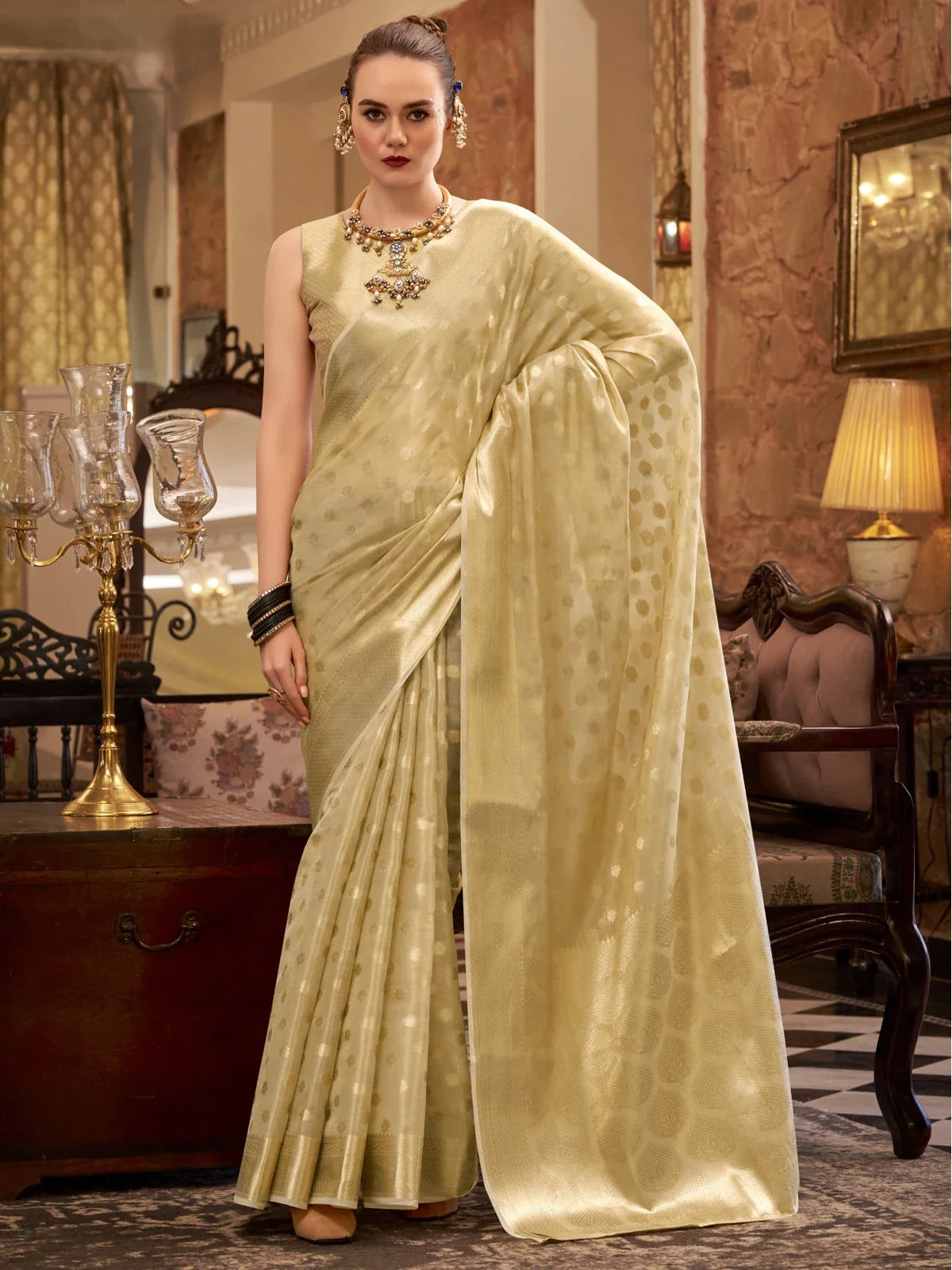 Tarani golden zari tissue handloom silk saree full view with woven motifs and tissue silk blouse