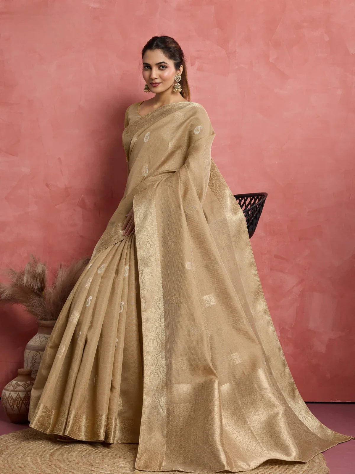 Tarani golden silk saree full view with elegant woven patta and rich pallu