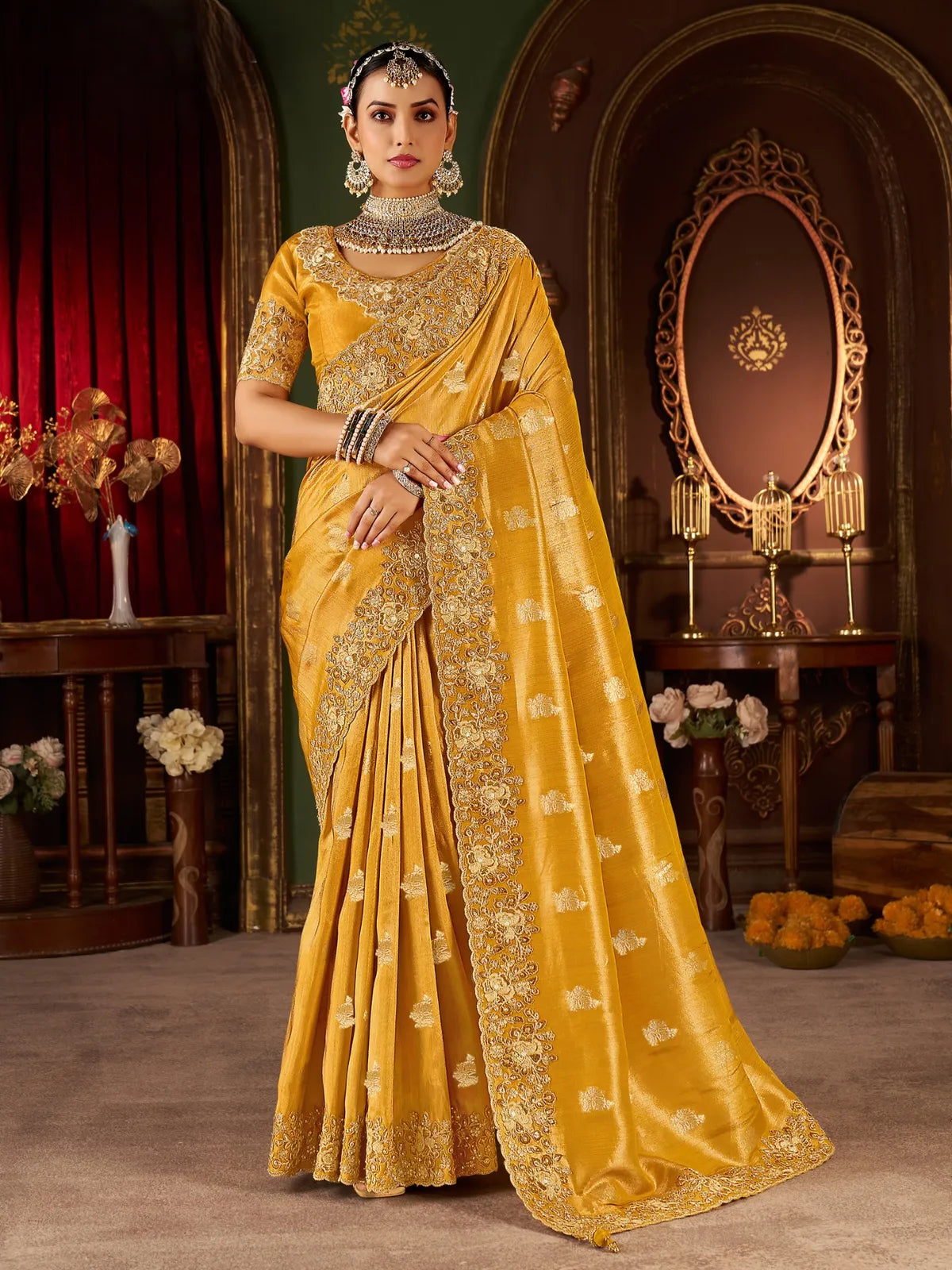 Tarani premium golden silk saree with zari embroidery work and heavy latkan pallu full front view