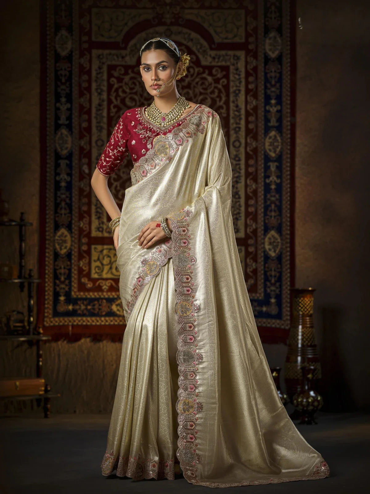 Tarani golden silk bridal saree full view with maroon embroidered blouse perfect for weddings